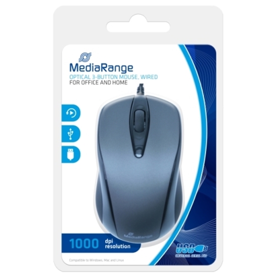 Слика на Маус, Оптички, Media Range, Corded 3-Button Optical Mouse, MROS201, Црно-Сива