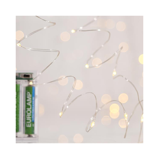 Слика на Линиски 50 мини лед со батерии, сребрена жица, неутрал бело 600-11719