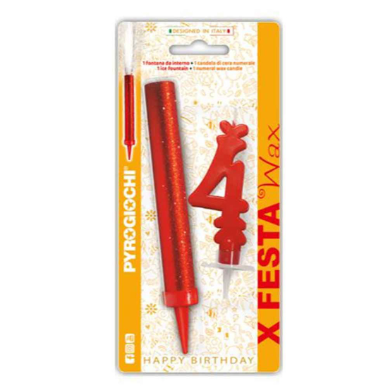 Слика на Прскалка + свеќа, За на торта, Број 4, 14,5цм, Pyrogiochi, X Festa, 41294,Црвена