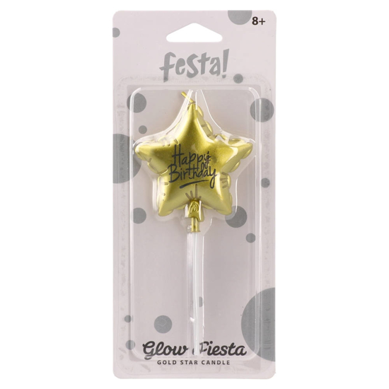 Слика на Роденденска свеќа, Ѕвезда, Happy birthday, Statovac, Glow Fiesta, 708040, Златна