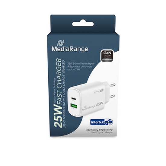 Слика на Полнач, USB Адаптер, 25W, 1xUSB-C, 1xUSB-A, Media Range, MRMA112-2, Бела